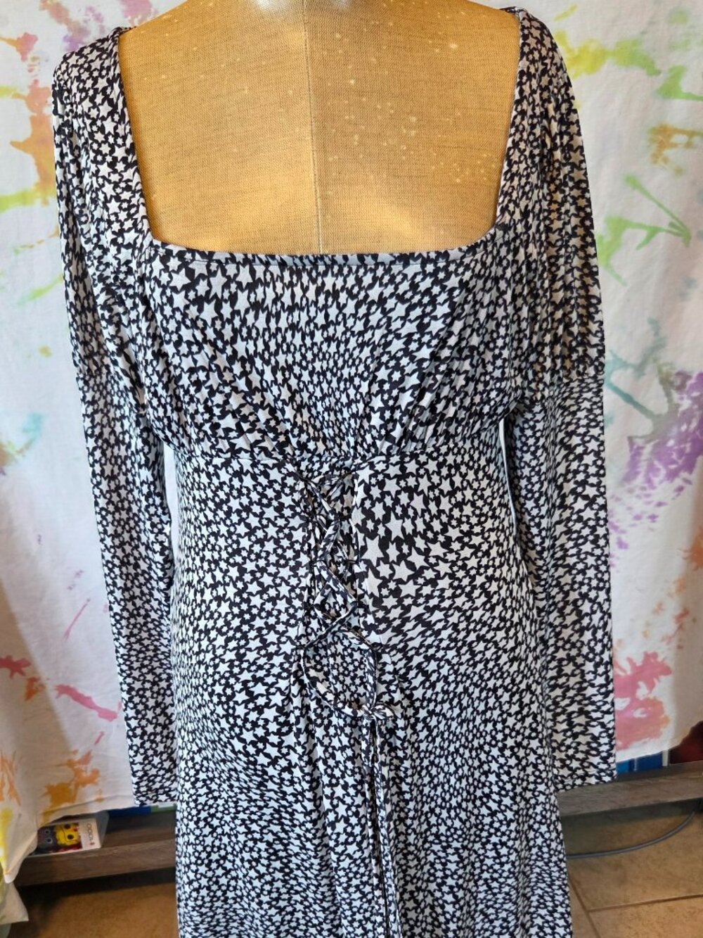 Topshop Black/White Star Mesh Print Corset UK14 US10 Puff Sleeve Dress